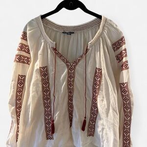 American Eagle White Blouse with Red Embroidery and Gold Sequins
